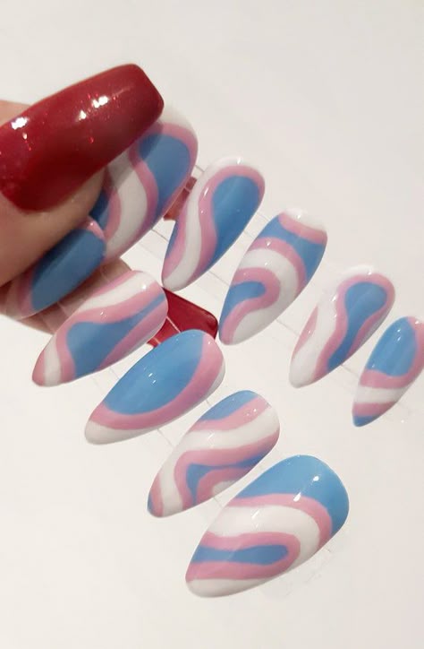 Trans Nails Designs, Flag Nails, Rainbow Nail Art, Trans Flag, Back To School Nails, Acrylic Press On Nails, School Nails, Rainbow Nails, Birthday Nails