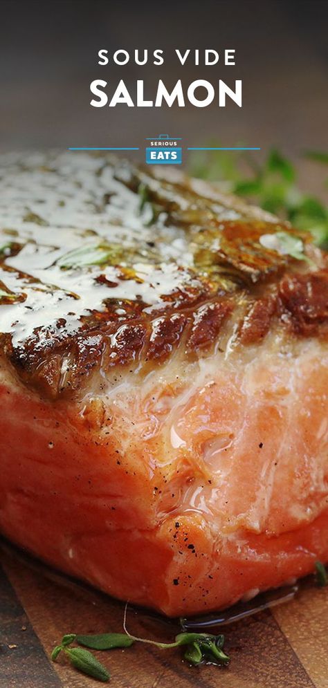 Sous Vide Salmon | A step-by-step guide to perfectly cooked sous vide salmon, every time. It's the best way to get soft, tender, flaky, buttery fish in a set it and forget it manner. Weeknight salmon has never looked better. #howto #howtomake #howtorecipes Sous Vide Salmon Recipes, Weeknight Salmon, Sous Vide Salmon, Sous Vide Recipes, Salmon Seasoning, Pan Seared Salmon, Sous Vide Cooking, Salmon Recipe, Serious Eats