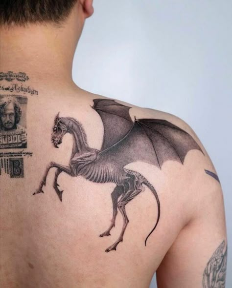 Harry Potter Horse Tattoo, Harry Potter Chest Tattoo, Harry Potter Creatures Tattoo, Thestral Tattoo, Poem Tattoo, Dark Mark Tattoos, Pixie Tattoo, Hogwarts Tattoo, Hp Tattoo