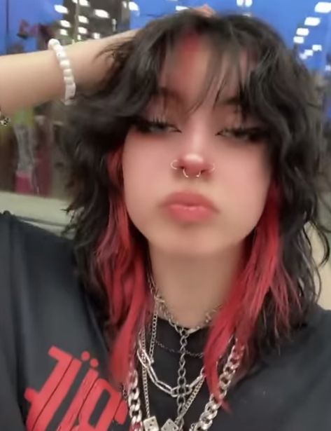 Aesthetic Hair Medium Length, Emo Hair Color Short, Under Hair Dye Wolfcut, Hair Color Ideas Mullets, Wolfcut Short Dyed, Dyed Wolfcut Hair, Low Maintenance Alternative Hair, Grunge Hairdye Ideas, Wolfcut With Dyed Hair