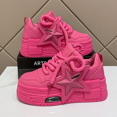 Dragon Fruit Red Star Platform Shoes from KOSMUI White Shoes For Women, Women Platform Sneakers, Pretty Sneakers, White Casual Shoes, Trendy Shoes Sneakers, Pink Platforms, Pretty Shoes Sneakers, Funky Shoes, Cute Nike Shoes