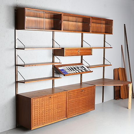 SHELVING SYSTEM, teak, "Royal System", Poul Cadovius, Denmark. Furniture - Cupboards & shelves - Auctionet Royal System Shelving, Modular Furniture System, Cupboard Shelves, Modular Shelving, Shelving Systems, Wall Molding, Corner Shelves, Modular Furniture, Display Cabinet