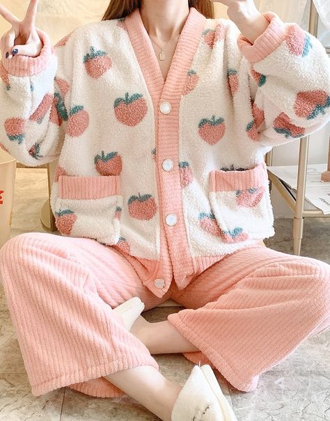 Vtuber Inspiration, Korean Pajamas, Fruit Embroidery, Peach Clothes, Kawaii Pajamas, Pajamas Aesthetic, Pijamas Women, Pajama Outfit, Cute Pjs