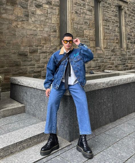 Acquaintance Party Outfit For Men, Aesthetic Denim Outfits Men, Denim Polo Men Outfit, Denim Outfit Ideas Party, Vintage Denim Jacket Outfit, Grey Aesthetics, Brown Jeans Men, How To Style Chelsea Boots, Polo Outfit Men