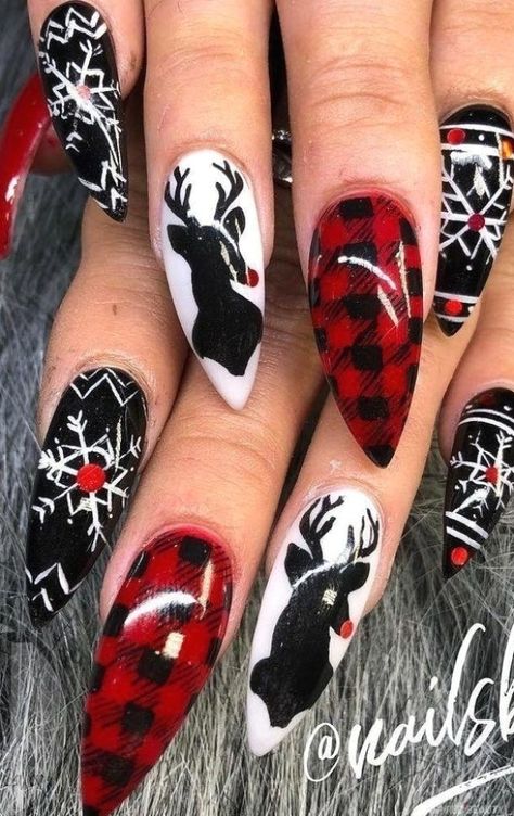 Christmas Gel Nails Designs, Buffalo Plaid Nails, Gel Nails Designs, Christmas Nail Polish, Christmas Gel, Plaid Nails, Cute Christmas Nails, Christmas Gel Nails, Stiletto Nails Designs