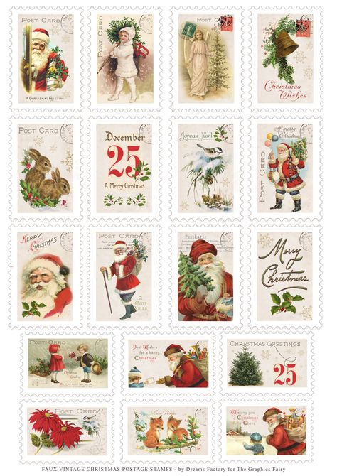 DIY these charming Faux Vintage Christmas Postage Stamps by Diana Dreams Factory! Such a fun Christmas Craft, great to use in Mixed Media, Collage or Junk Journal Projects. Free Printables are included. Vintage Christmas Postage Stamps, Faux Postage Stamps Diy, Free Vintage Printables Christmas, Vintage Christmas Tags Printable Free, Vintage Postage Stamps Printable, Free Vintage Christmas Images Printables, Vintage Christmas Free Printables, Vintage Christmas Stamps, Christmas Junk Journal Free Printable