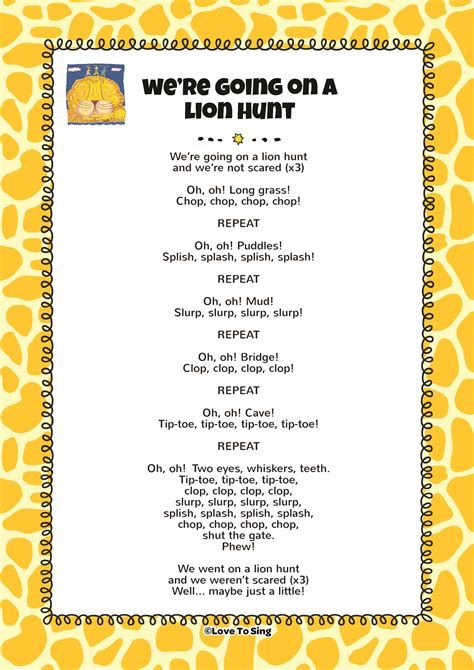 Going On A Bear Hunt Song Lyrics, We Are Going On A Lion Hunt Activity, Going On A Lion Hunt, Zoo Songs, Video Song Lyrics, Lion Song, Animal Song, Preschool Jungle, Zoo Preschool