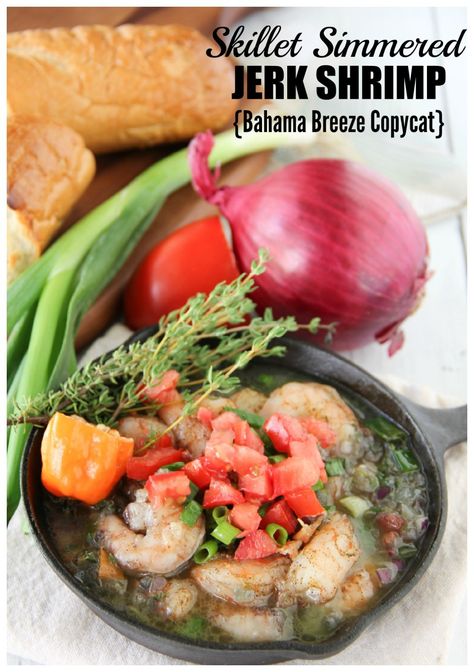 This Bahama Breeze copycat fire roasted jerk shrimp dish is simmered in a delicious garlic-thyme butter and served with crusty French bread for sopping! Best Grilled Shrimp Recipe, Crusty French Bread, Jerk Shrimp, Jamaican Jerk Seasoning, Easy Healthy Lunch Recipes, Bahama Breeze, Grilled Shrimp Recipes, Jerk Seasoning, Shrimp Seasoning