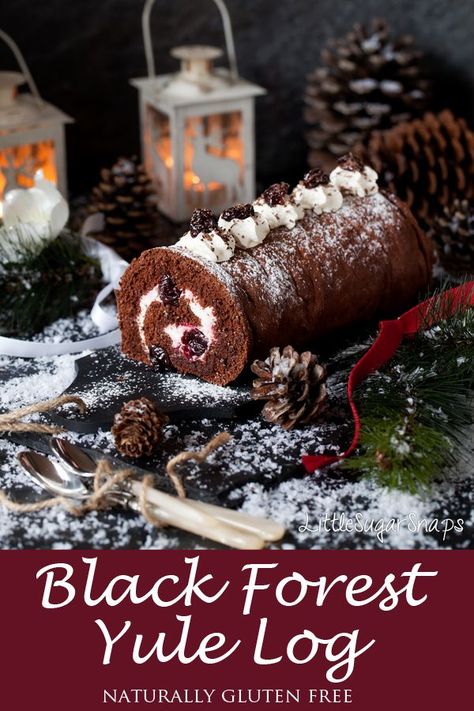 Black Forest Yule Log #blackforest #yulelog #yule #buchedenoel #blackforestgateau #blackforestcake #chocolateyule #chocolatecake #chocolatelog Swiss Roll Yule Log, Black Forest Swiss Roll Cake, Black Forest Swiss Roll, Black Forest Cake Roll, Black Forest Yule Log, Easy Yule Log Recipe, Fat Free Cake, Gluten Free Yule Log, Chocolate Yule Log Recipe