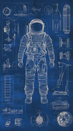 ↑↑↑ Larger size on website 🔸 The image is a blue blueprint with a detailed drawing of an astronaut in the center. Surrounding the Spaceship Blueprint, Astronaut Drawing, Lunar Module, The Astronaut, Technical Drawings, The Blueprint, Space Exploration, Technical Drawing, Of The Earth