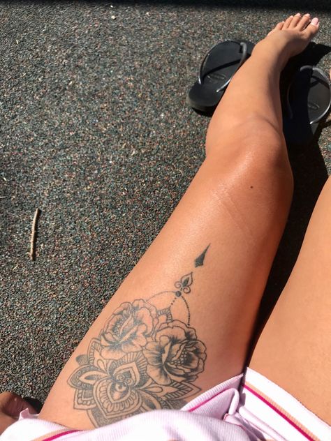 Thigh Lotus Tattoo, Back Of Thigh Mandala Tattoo, Mid Thigh Tattoos Women, Elephant Tattoos Thigh Flowers, Buddha Tattoo On Thigh, Lotus Mandala Tattoo Thigh, Mandala Thigh Tattoo, Flower Thigh Tattoos, Thigh Tattoos Women