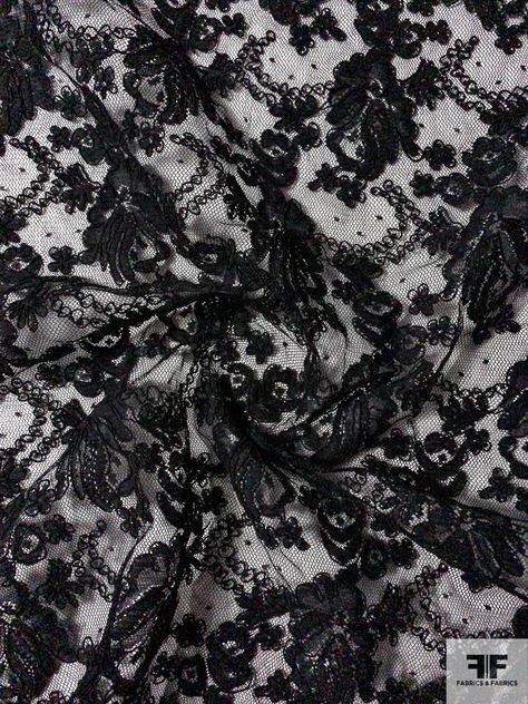 This black floral double-scalloped corded lace designer fashion fabric is extremely elegant and high quality. SKU: 12270 Content: Polyester Color: Black Width: 52 inches This fabric is a last cut and no longer in production. Once sold out, we are unable to get more. Black Lace Fabric Pattern, Goth Fabric, Lace Fabric Pattern, Black Aesthetic Fashion, Gothic Fabric, Black Sheer Fabric, Black Lace Pattern, Stylish Laundry Room, Black Lace Fabric