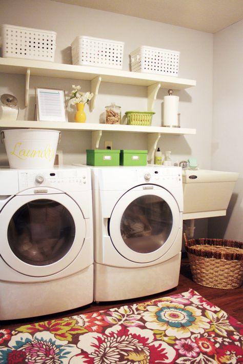 Laundry Room organized Laundry Room Update, Laundry Shelves, Small Laundry Room Organization, Basement Laundry, Laundry Room Inspiration, Laundry Closet, Small Laundry Rooms, Small Laundry Room, Small Laundry