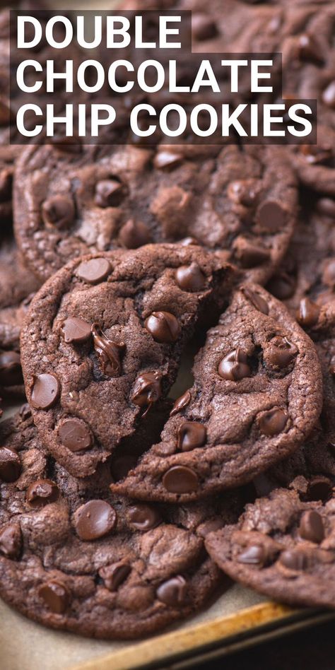 Double Chocolate Cookies Recipes, Double Chocolate Chocolate Chip Cookies, Easy Chocolate Chocolate Chip Cookies, Chocolate Chip Chocolate Cookies, Fudgy Double Chocolate Chip Cookies, No Flour Chocolate Chip Cookies, Cookie Recipes Double Chocolate, Chewy Double Chocolate Cookies, Double Choc Chip Cookies