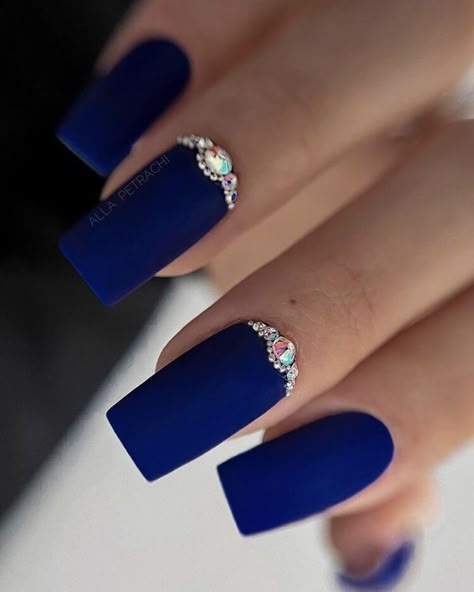 Matt Navy Blue Nails, Dark Blue Nails With Design Winter, Royal Blue Gel Nails Ideas, Blue Bling Nails Rhinestones, Dark Navy Nails, Blue Nails Winter, Different Blue Shades, Royal Blue Nails Designs, Tiffany Nails