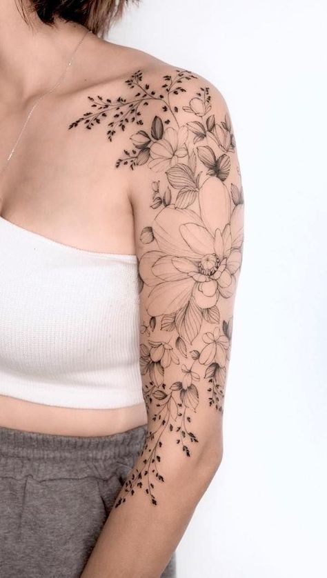 Half Sleeve Tattoo Upper Arm, Arm Sleeve Tattoos For Women, Tattoos For Women Half Sleeve, Cool Forearm Tattoos, Upper Arm Tattoos, Floral Tattoo Sleeve, Forearm Tattoo Women, Flower Tattoo Sleeve, Tatuaje A Color