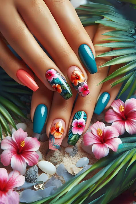 summer nails, tropical, paradise, hibiscus flower, Hawaiian-inspired, vibrant, colorful, nail art, design, tropical flowers, pink, yellow, green, floral pattern, island vibes, exotic, beach, vacation, vibrant colors, intricate, hand-painted, summer-inspired, nail artist, trendy, unique, manicure #nailart#digitalart#nails Summer Nails Tropical, Tropical Flower Nails, Nails Tropical, Hawaiian Nails, Tropical Nail Art, Tropical Nail Designs, Unique Manicure, Tropical Nails, Green Floral Pattern