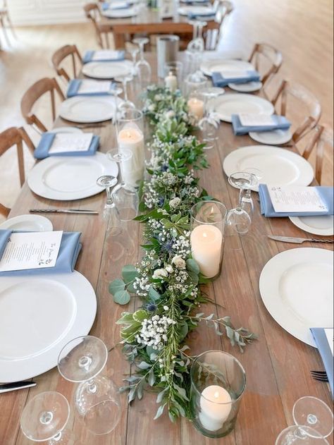 Dusty Blue Wedding Table Runner, Dusty Blue Wedding Table Settings Rectangle, Blue Table Runner With Greenery, Wedding Blue Table Runner, Dusty Blue Tuscan Wedding, White Dusty Blue Wedding, Dusty Blue Decorations Party, Light Blue Wedding Centerpieces Diy, Blue Flowers Table Setting