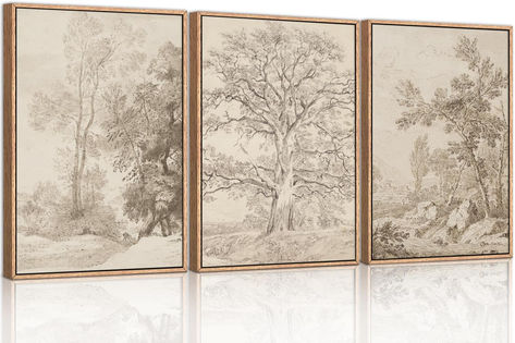 Vintage farmhouse wall decor: Antique botanical prints and landscape paintings. Unframed art reproductions for a cozy cottagecore ambiance. Perfect for home decor and gifting. #VintageDecor #FarmhouseStyle Wilderness Illustration, Vintage Sketchbook, Minimalist Tree, Vintage Framed Art, Neutral Minimalist, Tree Wall Decor, Forest Wall Art, Wall Decor Pictures, Tree Wall Art