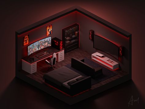 3d Gaming Room Design, Isometric Gaming Room, Bedroom 4x4 Interior Design, Gaming Bedroom Design, Gaming Room Ideas Bedrooms, Computer Game Room, Modern Gaming Room, Room Gaming Setup, Small Gaming Room