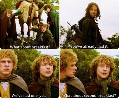 what about 2nd breakfast quote - Pippin. #LOTD Lord of the rings quote. Into The West, Second Breakfast, Jrr Tolkien, Nerd Alert, E Card, Tolkien, Lord Of The Rings, Movie Quotes, Hunger Games