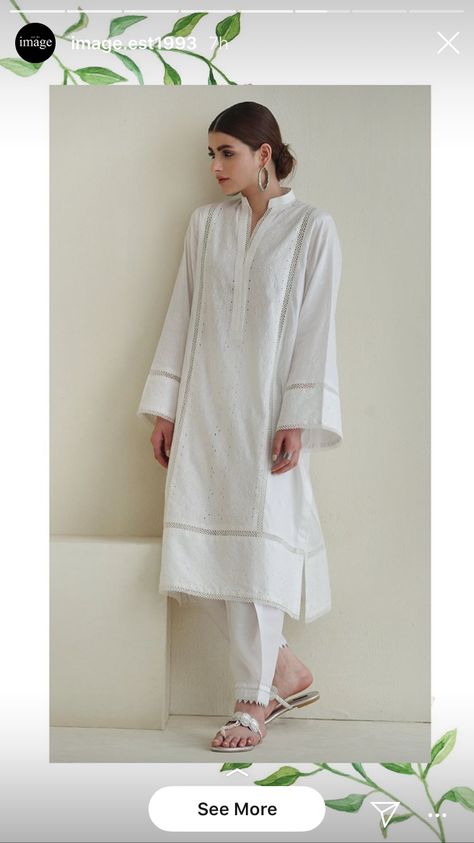 Pakistani Kurtas Casual, White Kurta Shalwar Women, Casual White Kurta For Eid, White Kurta Designs, White Dress Outfit Pakistani, Pakistani Dresses Casual White, White Designer Kurta For Spring, White Cambric Kurta For Spring, Pakistani White Kurti