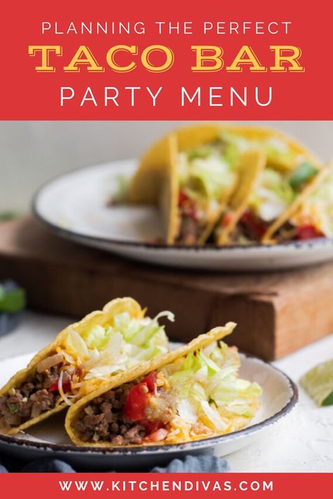 Tacos on plate with more tacos on plate in background. Taco Bar Menu, Taco Bar Party, Party Checklist, Taco Recipe, Taco Party, Taco Bar, Slow Cookers, Bar Menu, Refried Beans