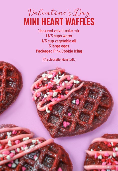 Mini Heart Waffles, Waffle Valentine, Waffle Decoration Ideas, Valentines Waffles, Valentine Waffles, Valentines Meals, Valentines Bunco, Cake Mix Waffles, Mini Heart Cake