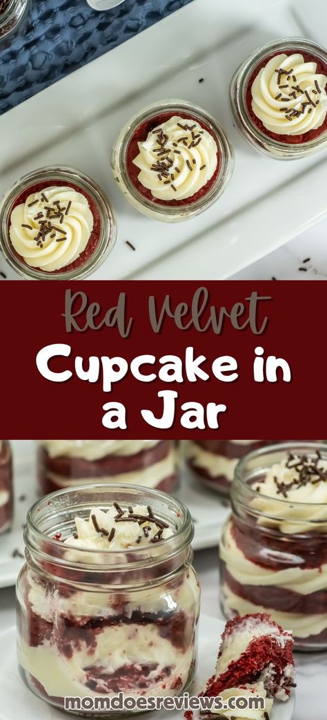 Dreaming of a decadent dessert but short on time or serving ware? Look no further than this adorable (and delicious) recipe for Red Velvet Cake in a Jar! Imagine a delightful parfait of moist red velvet cake layered with swirls of rich, homemade cream cheese frosting. Moist Red Velvet Cake, Mason Jar Desserts Recipes, Velvet Recipes, Velvet Desserts, Mason Jar Cakes, Homemade Cream Cheese Frosting, Jar Desserts, Portable Dessert, Red Velvet Desserts