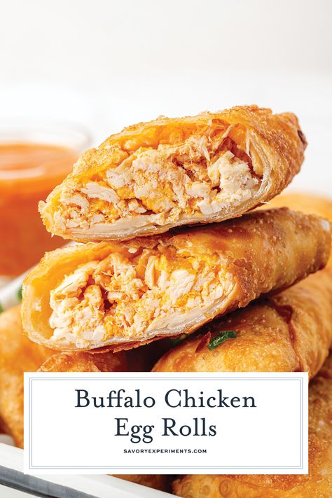 This EASY Buffalo Chicken Egg Rolls recipe combines cheesy buffalo chicken with the crispy goodness of a perfectly fried egg roll wrapper! Buffalo Chicken Egg Rolls Baked, Recipes With Egg Roll Wrappers, Eggroll Wrapper Recipes, Chicken Egg Rolls Recipe, Buffalo Chicken Eggrolls, Cheeseburger Egg Rolls Recipe, Won Ton Wrappers, Buffalo Chicken Egg Rolls, Cheeseburger Egg Rolls