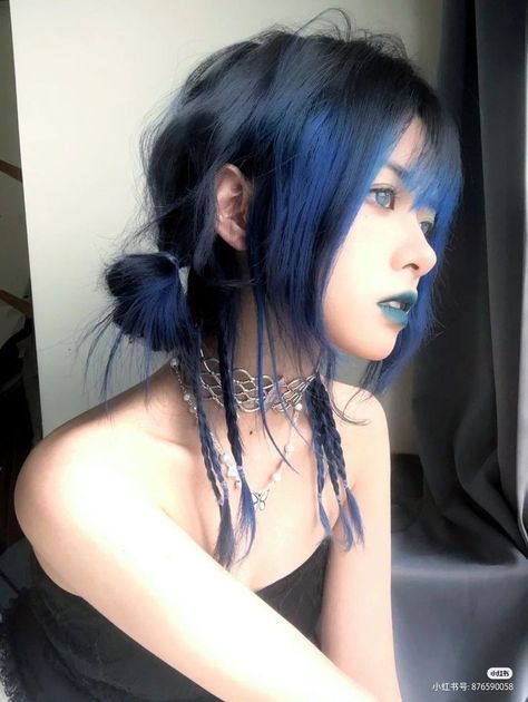 Short Hair With Long Braids Underneath, Feminine Punk Hair, Alt Hairstyles Updos, Short Hair Grunge Hairstyles, 90s Hairstyles Short Grunge, Blue Hair Alternative, Goth Hairstyles Medium, Grunge Blue Hair, Goth Updo Hairstyles