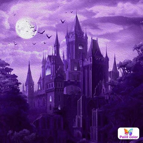 Purple Castle, Royalty Core, Purple Painting, Dark Purple Wallpaper, Minecraft Castle, Castle Aesthetic, Purple Halloween, Mobile Art, Fantasy Castle