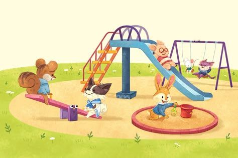 Be nice to your friends Park Illustration Background, Backyard Illustration, Slide Illustration, Playground Illustration, Park Drawing, Park Illustration, Children's Book Characters, Illustration Art Kids, Children Park