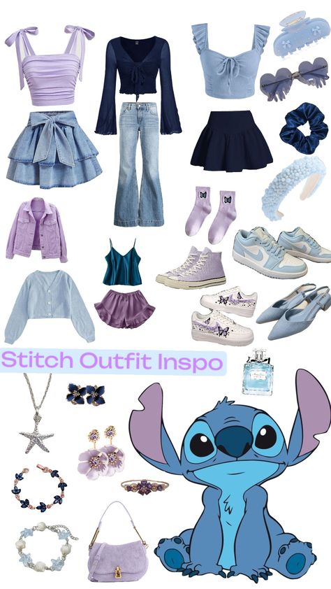 #stitch #outfit #fitcheck #fitinspo #disney #blue #purple #aestehthic Inside Out Outfits, Inside Out 2 Outfit Ideas, Stitch Disney Bound, Disney Character Outfits, Spirit Week Outfits, Week Outfits, Disney Princess Outfits, Outfits Polyvore, Princess Luna