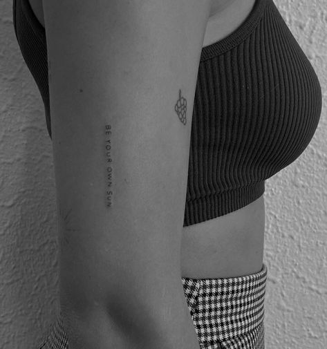 Small Tattoo Fonts, Small Writing Tattoo, Reminder Tattoo, Arm Quote Tattoos, Ear Tattoo Ideas, Finger Tattoo For Women, Single Needle Tattoo, Upper Arm Tattoos, Text Tattoo