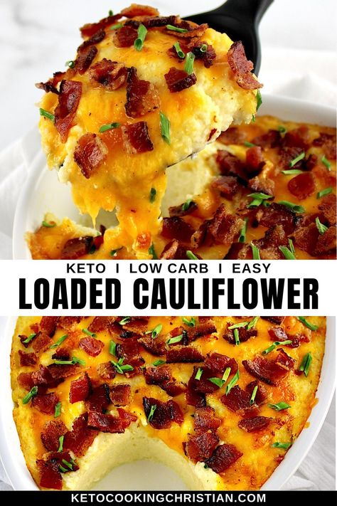 This Loaded Creamy Cauliflower Casserole has the flavors of a classic loaded baked potato. It's a hearty, healthy, and delicious low-carb side for any occasion. Baked Cauliflower Dip, Loaded Cauliflower Casserole Keto, Loaded Riced Cauliflower Recipes, Keto Loaded Cauliflower Casserole, Low Carb Healthy Casseroles, Supper Sides, Easy Keto Casserole, Loaded Cauliflower Bake, Twice Baked Cauliflower