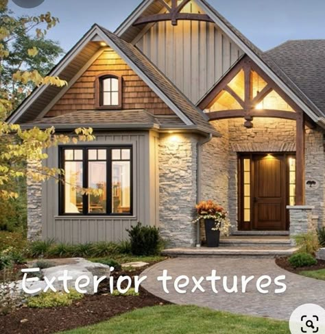 Exterior House Peak Lighting, Shaker Siding In Peaks, Arched Gables On House Exterior, Home Exterior With Wood Accents, Farmhouse Siding Exterior Colors, Board And Batten With Shaker Siding, Taupe Farmhouse Exterior, White House Cedar Accents, Cedar Gables On House Exterior