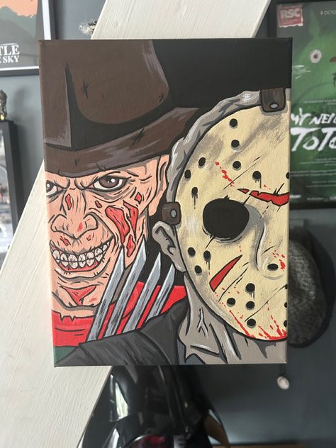 Jason Mask Painting, Horror Characters Painting, Leatherface Painting, Scary Movie Paintings, Halloween Canvas Ideas, Horror Canvas Painting, Freddy Krueger Painting, Horror Movie Paintings, Horror Paintings Easy