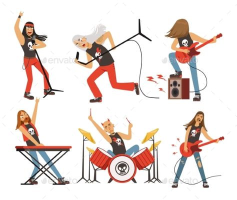 Funny cartoon characters in rock band. Musician in famous pop group. Vector rock group with singer and musical guitarist illustrat Band Character Design, Rock Music Illustration, Music Band Illustration, Squad Illustration, Singer Illustration, Band Illustration, Musical Instruments Drawing, Cartoons Band, Pop Rock Music