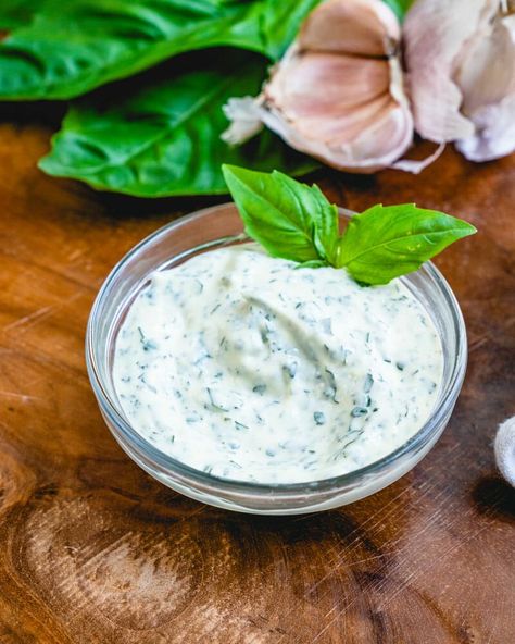 You'll want to use this incredible basil aioli on everything! It's quick and easy to make, featuring this fresh and peppery green herb. | aioli sauce recipe | creamy basil sauce recipe | how to make an aioli | #basilaioli #aioli #basil #basilrecipe #aiolirecipe Basil Aioli Recipe, Herb Salt Recipe, Mediterranean Sauce, Pesto Aioli, Fresh Basil Recipes, Basil Aioli, Herb Salt, Vegan Sauce Recipes, Dairy Free Dips