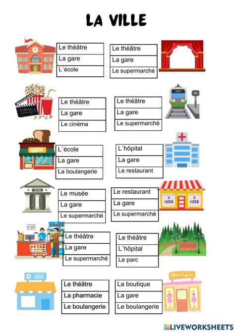 La ville interactive activity for 6º. You can do the exercises online or download the worksheet as pdf. French Language Learning Kids, French Lessons For Beginners, French Language Basics, Learning French For Kids, French Practice, French Basics, French Flashcards, Basic French Words, French Teaching Resources