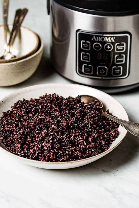 Learn how to cook black rice in a rice cooker with my foolproof instructions. #blackrice #ricecooker @foolproofliving Rice In Rice Cooker, Cooking Black Rice, Black Rice Recipe, Rice In A Rice Cooker, Aroma Rice Cooker, Zojirushi Rice Cooker, Pressure Cooker Rice, Rice On The Stove, Seared Chicken Breast