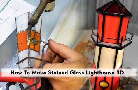 How To Make Stained Glass Lighthouse Lamp • 9 Lighthouse Stained Glass Pattern, 3d Stained Glass Patterns, Stained Glass Lighthouse, Lighthouse Pattern, Stained Glass House, Lighthouse Lamp, Christmas Stained Glass, Glass Fusing Projects, Making Stained Glass