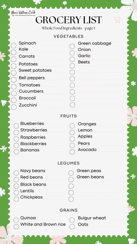 Have you ever wondered what a healthy grocery shopping list should look like? You don’t have to wonder anymore! Discover the essence of nutrition with this whole food ingredients list. From vibrant vegetables to entire grains and nourishing proteins, explore the diversity of natural goodness for a healthier lifestyle. Wholegrain Food List, Whole Grain Foods List, Whole Grains List, Healthy Shopping List Grocery, Whole Foods List, Dinner Date At Home, Wellness Corner, Heathy Eats, Healthy Grocery Shopping