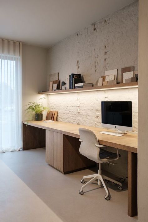 Two Office Desk, Common Office Space, Natural Office Design Inspiration, Modern At Home Office, Japandi Study Room Design, Small Office Home Office Design, Bespoke Desk Home Office, Study Two Desks, Home Office Architecture