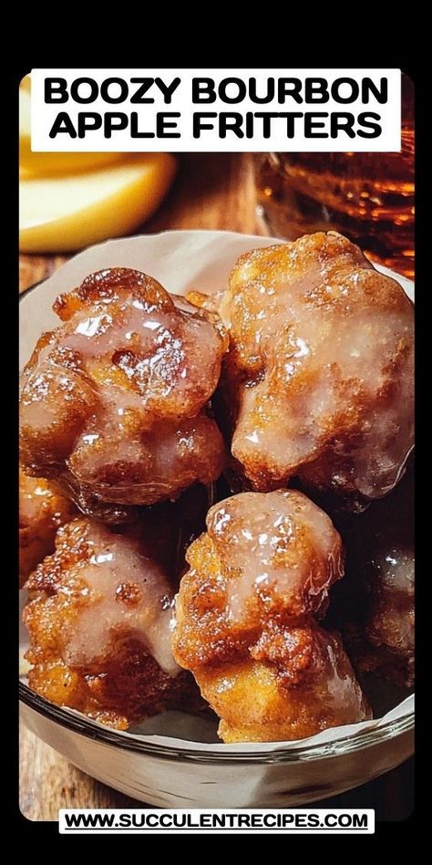 These Boozy Bourbon Apple Fritters are a heavenly mix of crispy fried dough, juicy apples, and a touch of bourbon sweetness. Drunken Apples Recipes, Recipes With Apple Jelly, Boozy Holiday Desserts, Boozy Christmas Treats, Boozy Icing, Boozy Dessert Recipes, Apple Crown Royal Recipes, Apple Fritter Bites, Whiskey Desserts