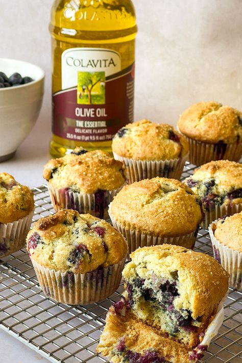 Olive Oil Blueberry Muffins, Muffins Made With Oil, Olive Oil Muffin Recipe, Olive Oil Muffins, Baking With Olive Oil, Blueberry Biscuits, Banana Blueberry Muffins, Simple Muffin Recipe, Lemon Blueberry Muffins