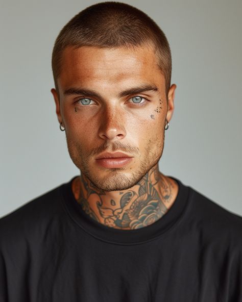 A male muscle model, shaved head, wearing a blank black oversized t-shirt, with lots of tattoos, no earrings, face tattoos, fashion shooting, plain light grey background, Balenciaga, distinctive model, in the style of Rick Owens and Balenciaga, super realistic image, detailed image, realistic and detailed model, hollow face, bad face, Shoot on Canon 5D Mark IV, ISO 200, f/6.3, 1/15s, light from top left Plain Light Grey Background, Male Face Tattoo, Male Model With Tattoos, Face Tattoos Men, Male Model Tattoos, Head Tattoo Men, Lots Of Tattoos, Bald Head Man, Male Models Tattoo