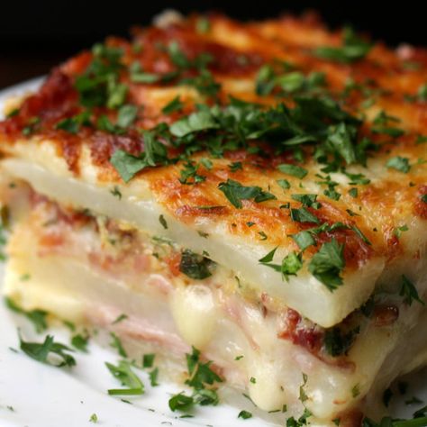 Potato Lasagna Recipe by Tasty Crêpe Recipe, Potato Lasagna, Keto Quiche, Cream Eggs, Vegan Stew, Loaded Baked Potato Soup, Stewed Potatoes, Cheese Potatoes, Loaded Baked Potatoes