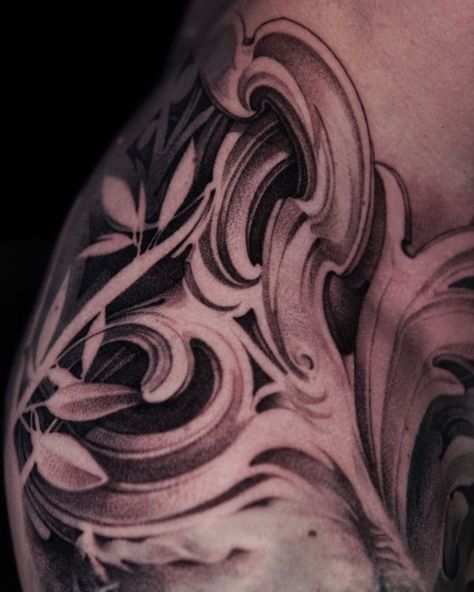 Close up on these shoulder ornaments. This section was all done freehand. #3rlonly #blackandgreytattoo #art #luciantatar Shoulder Filler Tattoo, Modelo Tattoo, Tattoo Filler Ideas, Filler Tattoo, Filler Ideas, Tattoo Filler, Black And Grey Tattoos, Tattoo Style, Close Up